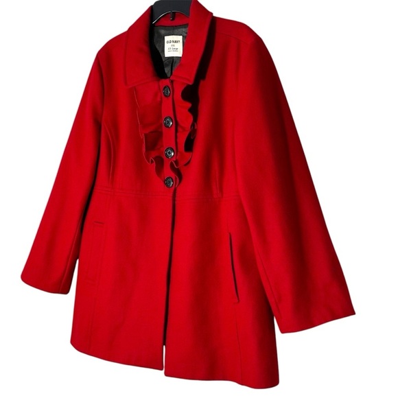 Old Navy Cherry Red Preppy Ruffle Collar Wool Midlength Peacoat Jacket size XXL - Picture 6 of 13